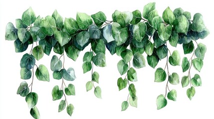 Watercolor illustration of a leafy vine garland. Lush greenery hanging down