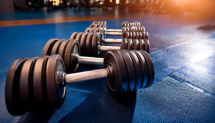 A set of dumbbells on a gym floor with soft lighting.