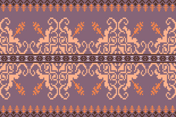 Ethnic pixel art background.Repeating geometric pattern design with floral.Design for texture,fabric,cloting,carpet,knitewar,curtains,wrapping,batik,scarf,vector,illustration