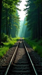 Obraz premium Long railway track disappears into the dense forest, forests, scenery
