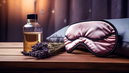 A sleep mask and lavender essential oil on a nightstand.