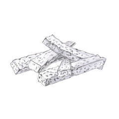 A pile of crackers, croutons. Isolated pencil illustration of a snack in a realistic style for the design of a restaurant menu, beer festival, packaging, bar interior.