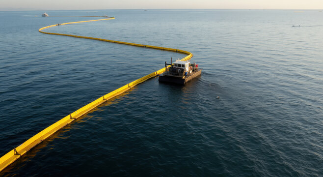 Aerial view of yellow floating barriers with maintenance boat in blue ocean water. Environmental protection concept for marine pollution containment systems