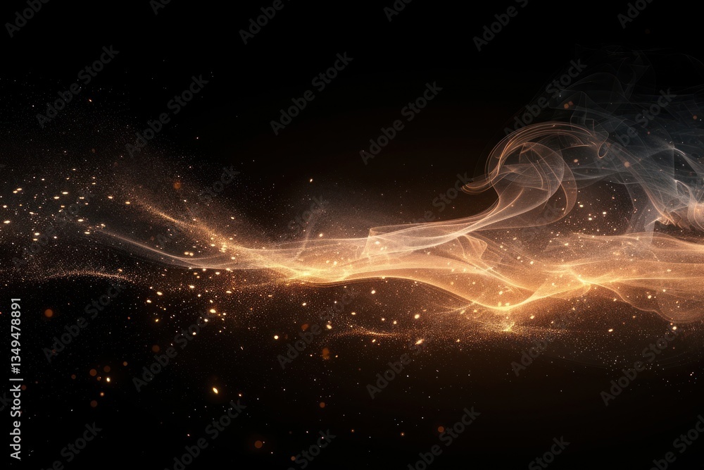 Poster golden dust particles float in dark space, lit by soft light, creating a refined and fluid atmospher