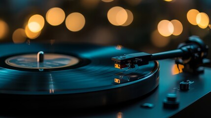 Vintage Vinyl Record Player with Warm Lighting
