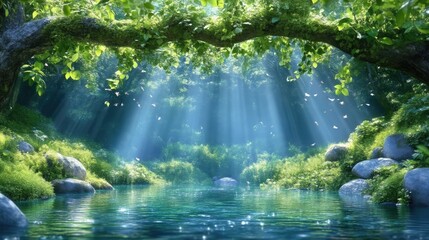 Lush forest scene with a crystal-clear stream. Sunlight filters through the canopy, illuminating the tranquil waterway.  Gentle breeze carries tiny ethereal particles