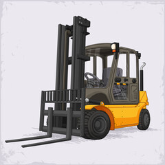 Hand drawn yellow forklift truck loader used for industrial tasks and logistics isolated on white background
