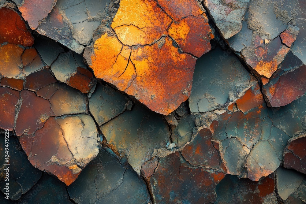 Poster cracked earth with rusty orange and dark teal hues, creating an abstract texture.