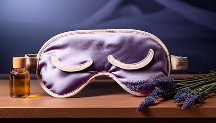 A sleep mask and lavender essential oil on a nightstand.