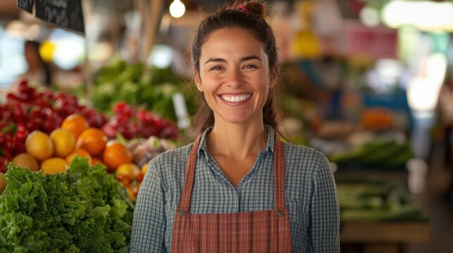 Smiling female grocer standing in a fresh vegetable market with organic produce and natural light