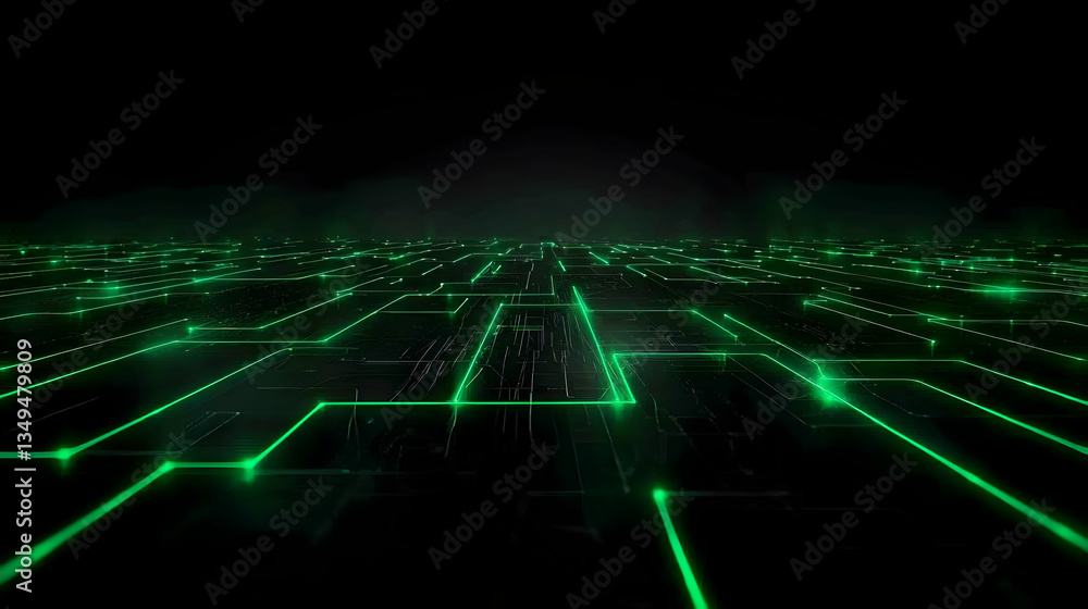 Poster abstract futuristic technological pattern with green lines and glowing lights