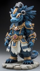 Fototapeta premium Blue reptilian figure in regal attire, standing on a stone base