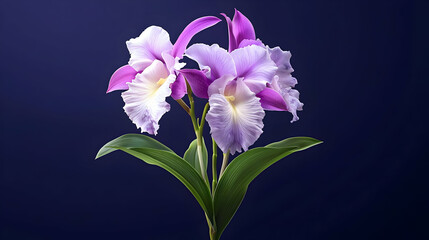 Three Pink And White Orchids Against Dark Blue Background