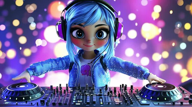 - - - - - - mix - mix - mix - mix -. A girl with headphones and a playing a cartoon. Neon color glares at the light. "- - - - - - dj set - dj set - dj set - dj set -. " Lifestyle.