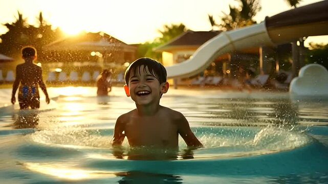 Family fun at a waterpark with slides and fountains
