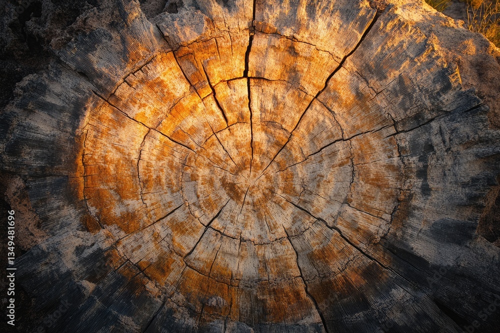 Poster close-up view of a tree's cross-section, showcasing its rings and textured surface.