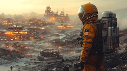 Fototapeta premium Astronaut surveys a sprawling, futuristic, industrial landscape at dawn. Smog hangs heavy in the air