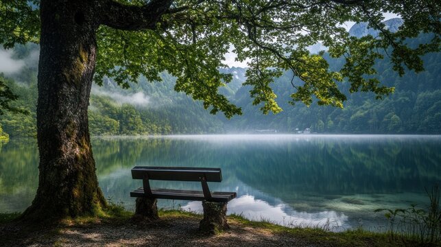 Serene lake bench, mountain mist, tranquil nature, calm escape