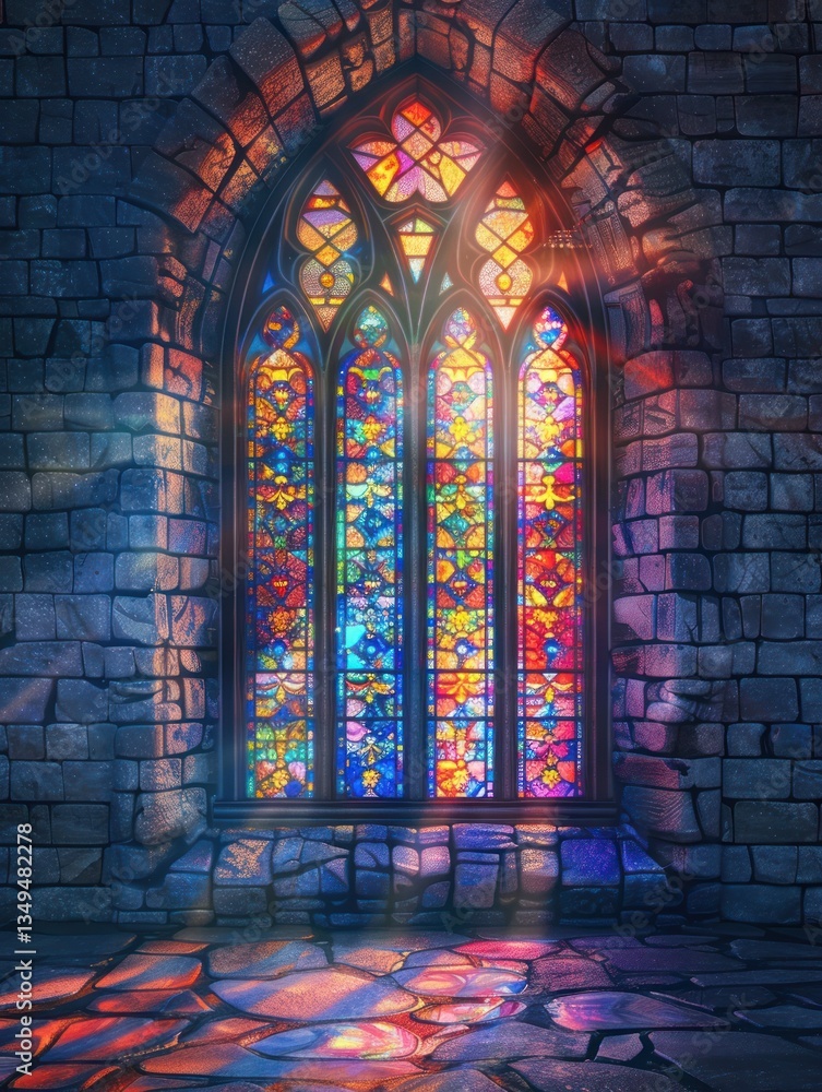 Poster sunlight filters through patterns, filling the stone wall with vibrant colors and a soft ambiance
