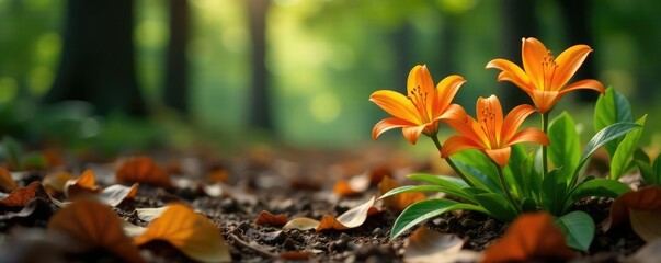 Orange lilies in a forest floor with fallen leaves and branches, orange lily, fallen, leaves