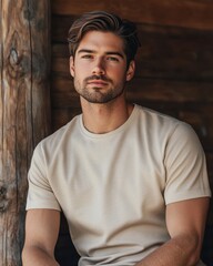 Portrait of a Young Man in Beige T Shirt Against Rustic Wooden Wall