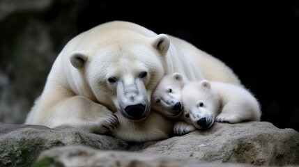 Majestic polar bear mother and cubs resting on rocks