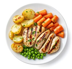 Grilled chicken served with potatoes carrots and green peas