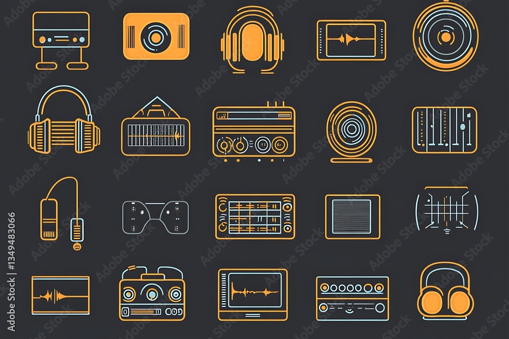 Poster a refined set of outline icons designed for audio-video applications.