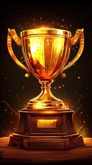 A golden trophy rests on a wooden pedestal on a table