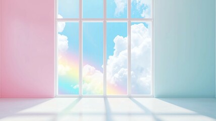 パステルカラーの壁の窓から見える虹と雲