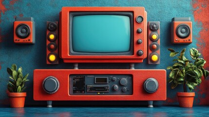 Fototapeta premium Retro-styled home entertainment system with orange components and plants