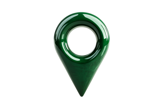 Shiny emerald green map pin pointer sign, cut out transparent
