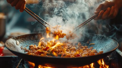 Fototapeta premium Close-up of a cauldron cooking and a flame of fire coming out with a chef's hand