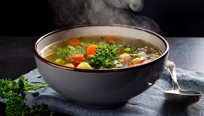 A steaming bowl of homemade vegetable soup with fresh herbs.