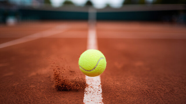 A bright yellow tennis ball makes impact with a clay court surface, creating a dramatic splash of red clay dust. The close-up shot captures the dynamic moment of contact with shallow depth of field.