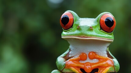Fototapeta premium Close-up of a vibrant red-eyed tree frog, perched and looking directly at the camera, against a blurred green background.