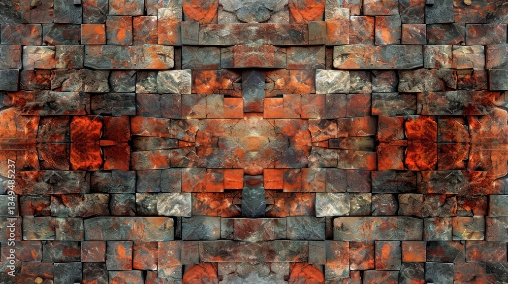 Poster a surreal brick wall reflects abstract patterns in deep red and brown under soft ambient lighting