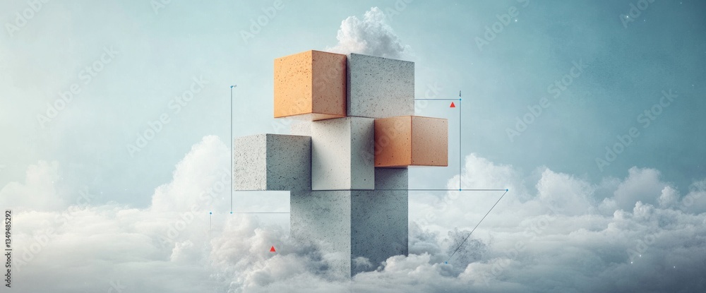 Poster abstract cubes float amidst clouds, forming a complex, balanced structure