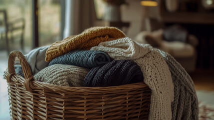 Obraz premium A wicker basket brimming with assorted clothing items, perfect for lifestyle or still life photography, showcasing a variety of textures and colors