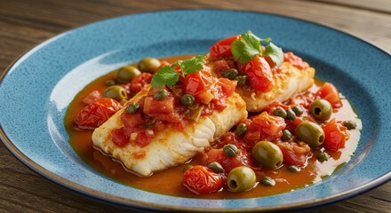 Prepared Fish Fillets with Tomato Sauce and Olives on Plate