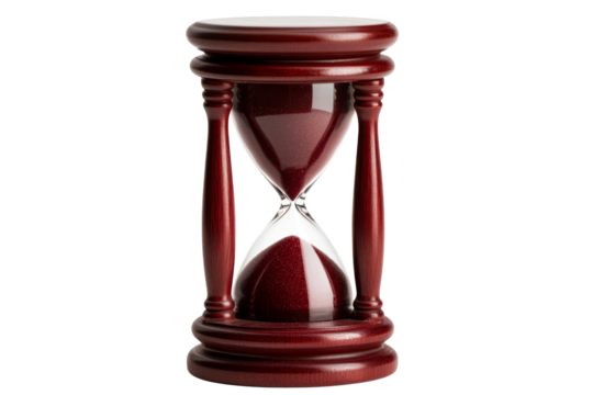 Elegantly crafted hourglass, timer, time passing, measure, maroon frame, cut out transparent