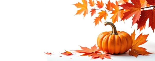 Naklejka premium Pumpkin with maple leaves on white background, autumn, nature, tree
