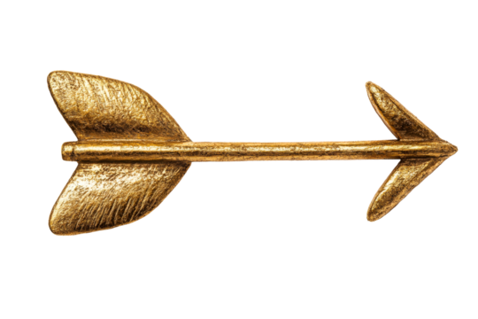 Golden arrow, direction symbol, gold, ancient, elegant style, cut out transparent