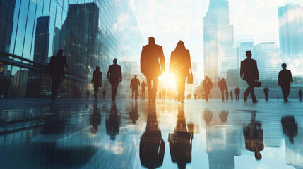 A conceptual depiction of business professionals and financial sector employees, illustrating themes of human resources, enterprise resource planning (ERP), and digital transformation