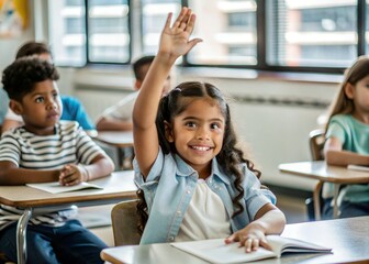 A bright, curious girl eagerly raises her hand in class, radiating confidence and a thirst for knowledge within a warm and inviting classroom setting.
