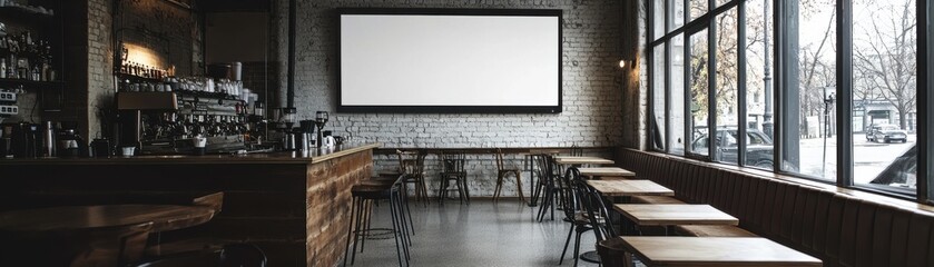A modern coffee shop interior with empty chairs and a blank projection screen.