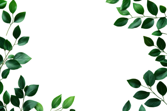 Lush green leaves frame on black background, cut out transparent
