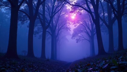 Purple and blue light illuminates a misty forest, with trees towering above, trees, foliage
