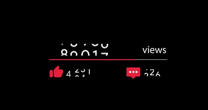 Youtube views and likes statistics. Post impression growing success counter rate. Blog engagement tracking. Interaction, comments and view analytics. Alpha channel transparent MOV video overlay.