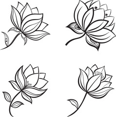 Obraz premium Vector illustration of four black and white lotus flowers accompanied by leaves, forming a logo icon set